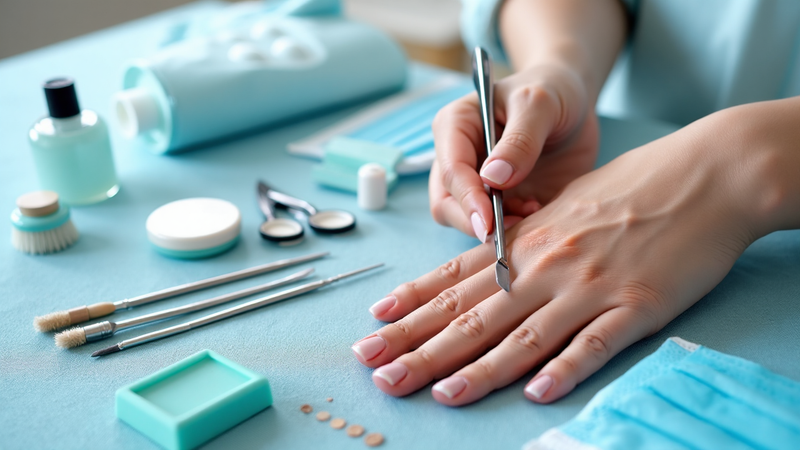 Outils et produits essentiels (limes, pousse-cuticules, désinfectant, gants)